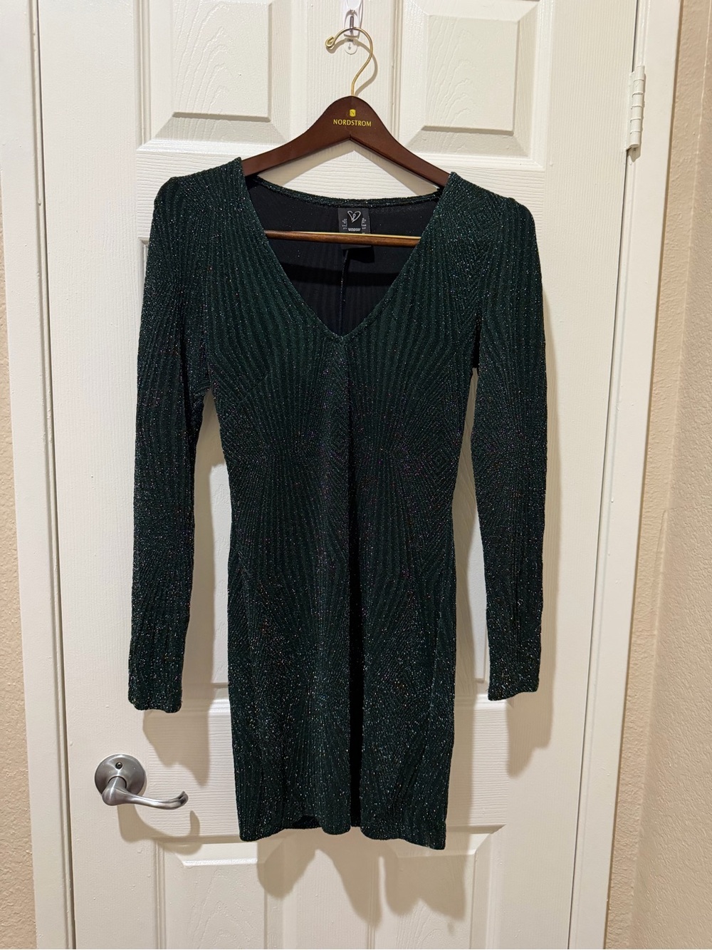 Windsor Metallic Forest Green Long-Sleeve V-Neck Mini Dress